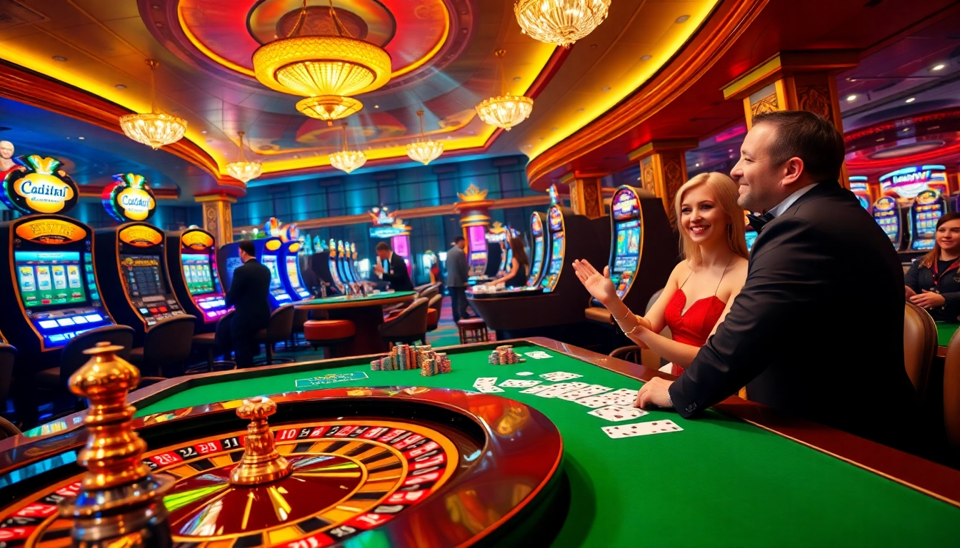 Experience the excitement at Luckywin club with vibrant gaming tables and slot machines.