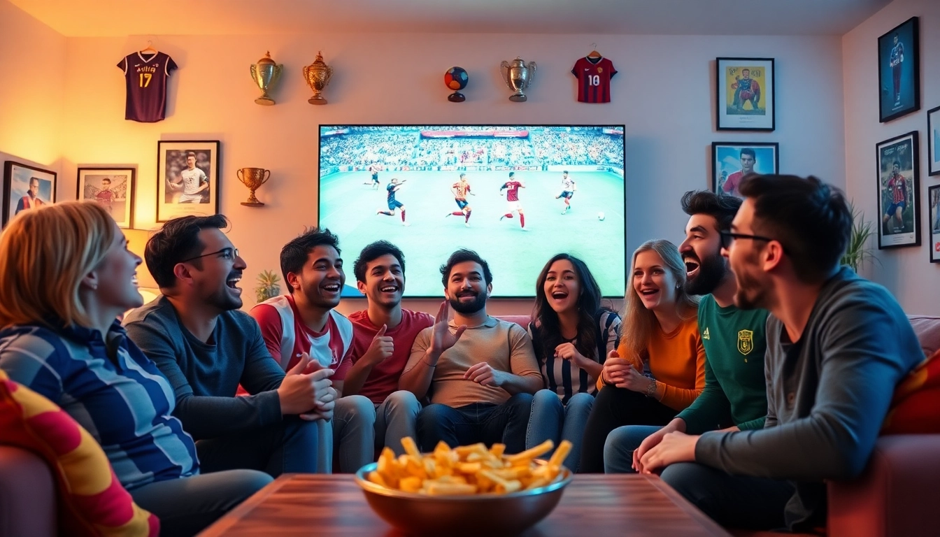 Excited fans enjoying live football on Xoilac TV in a cozy living room.