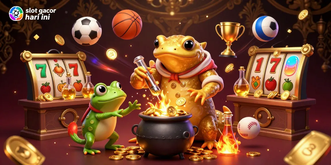 Visualisasi slot gacor hari ini dengan alkemis dan simbol slot yang dinamis menyatu dalam skema permainan.