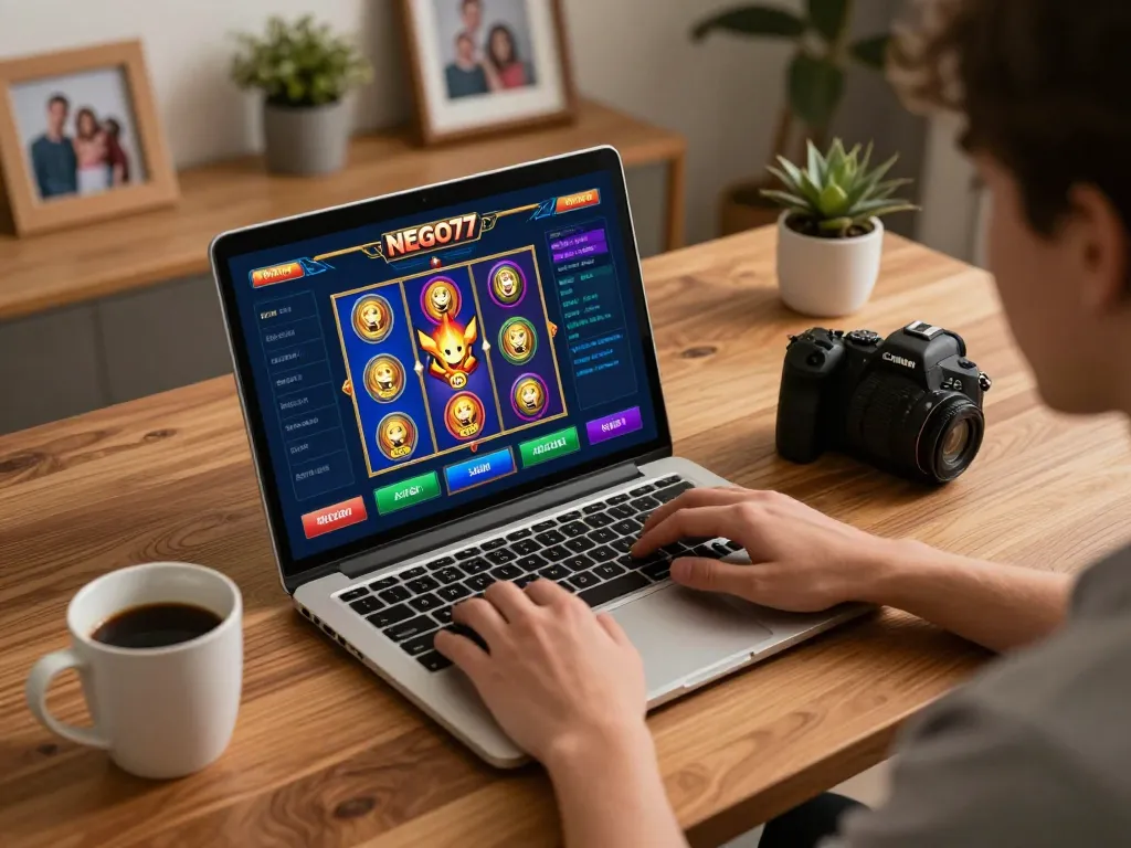 Play slots on NEGO77 while enjoying a cozy home gaming setup with warm lighting.