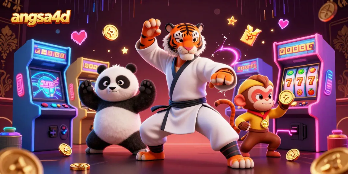 Engage with the excitement at angsa4d, showcasing a kung fu tiger master amidst colorful slots and cheerful casino elements.