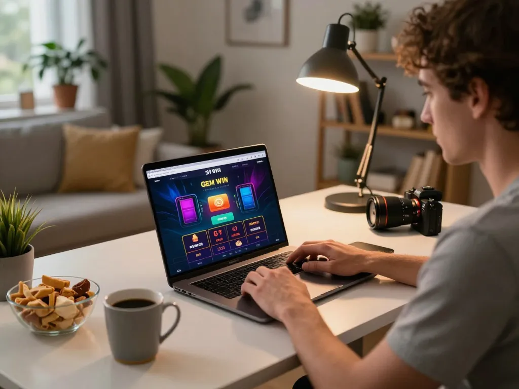 Player enjoying GEM WIN online casino on laptop in cozy home setting.