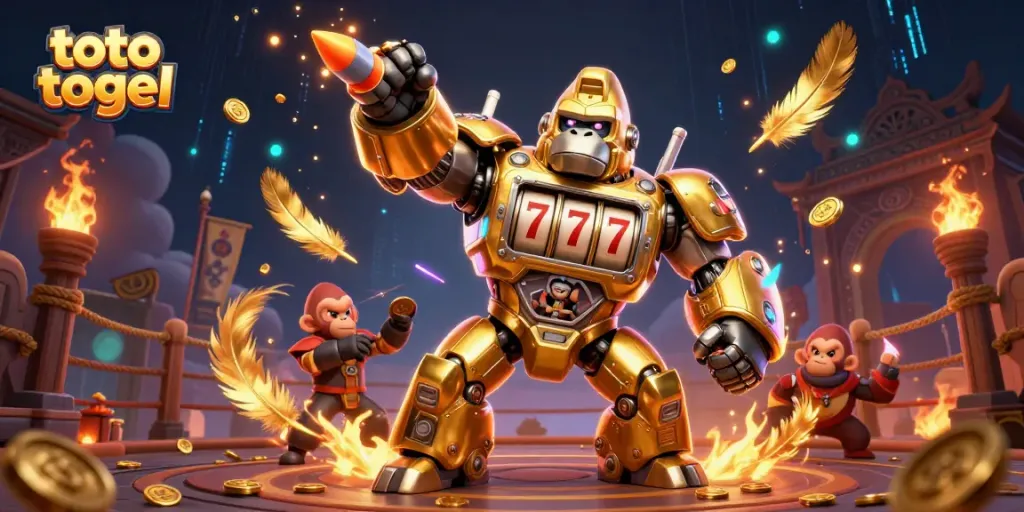 Experience thrilling action in toto togel with a dynamic gorilla mech and vibrant casino elements.