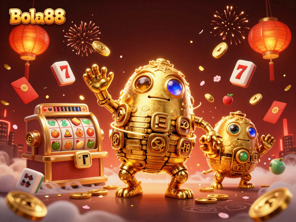 Bola88 menawarkan pengalaman kasino terbaik dengan makhluk golem emas yang dikelilingi simbol slot dan lentera Cina.