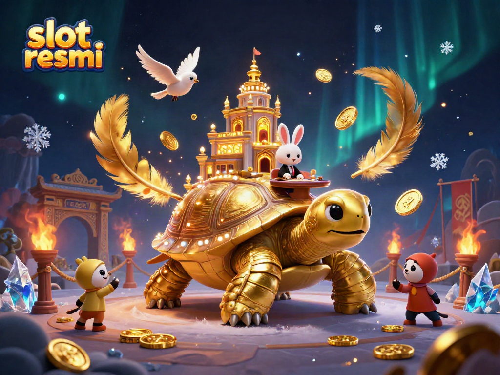 Experience slot resmi with a cartoon casino scene featuring a golden tortoise and winning elements.