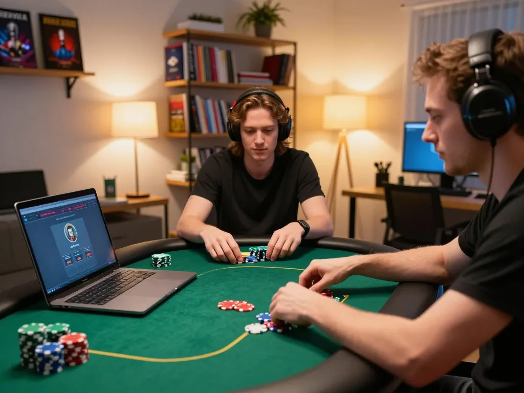 Hello88 online poker gaming experience with colorful chips and focused player