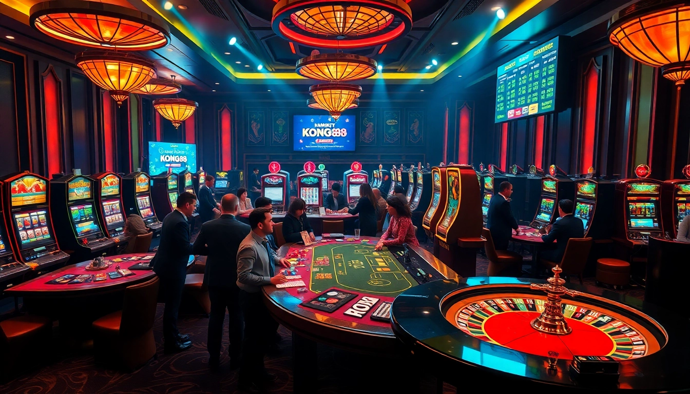 KONG88 players engaging in thrilling casino games with vibrant tables and exciting slots.