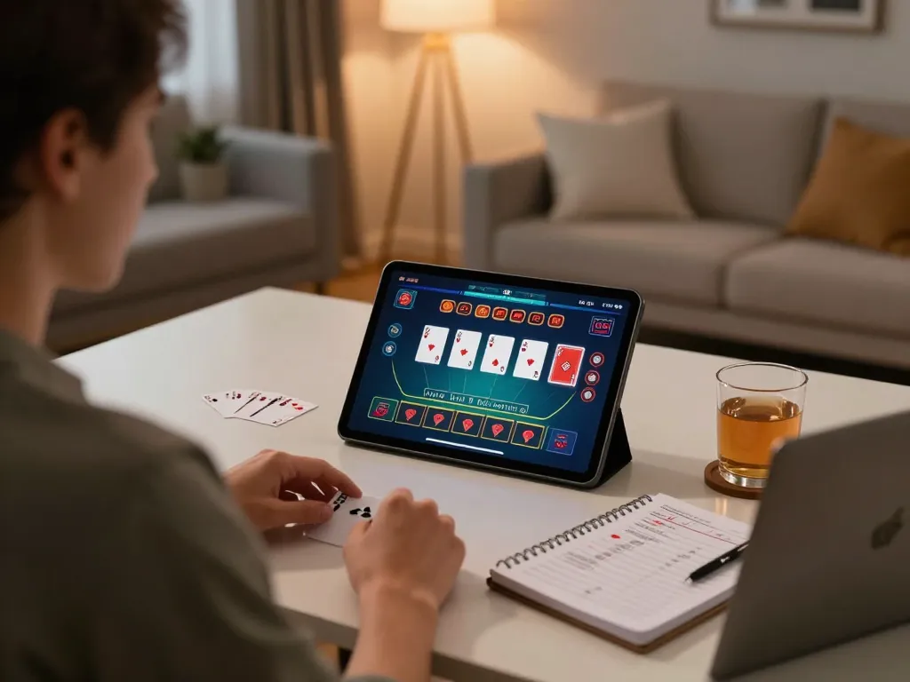 Engaging in a strategic blackjack game on vipwin, tablet showing betting options and cards.