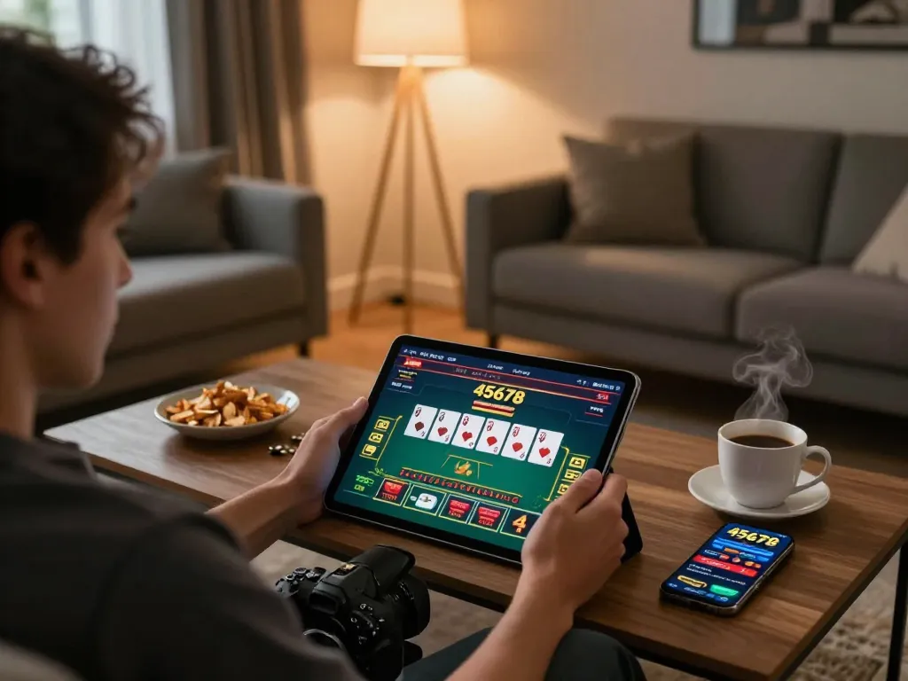 Player using 45678 casino app on tablet in cozy living room setting, enhancing online gambling experience.