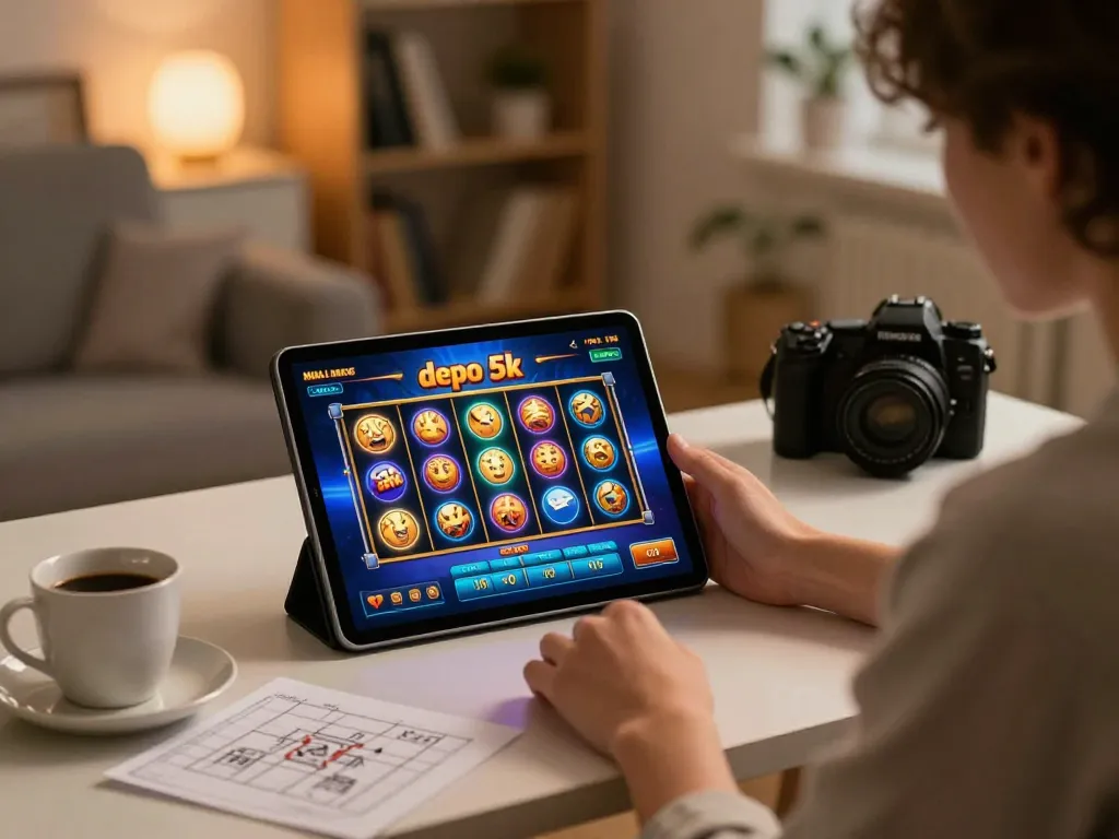 Player enjoying slot depo 5k game on tablet in cozy home setup showing strategic approach to online gaming.