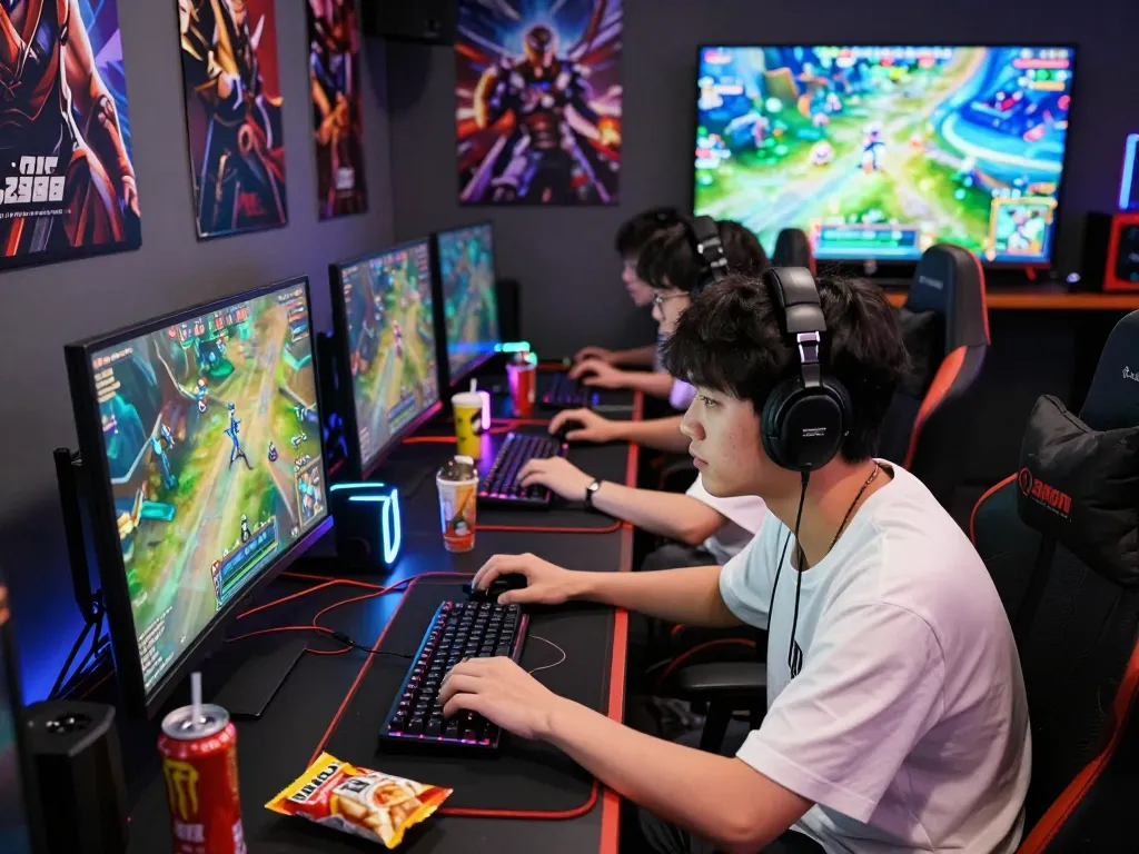 Enthusiastic players immersed in hoki288 online gaming with vibrant graphics and modern setup.