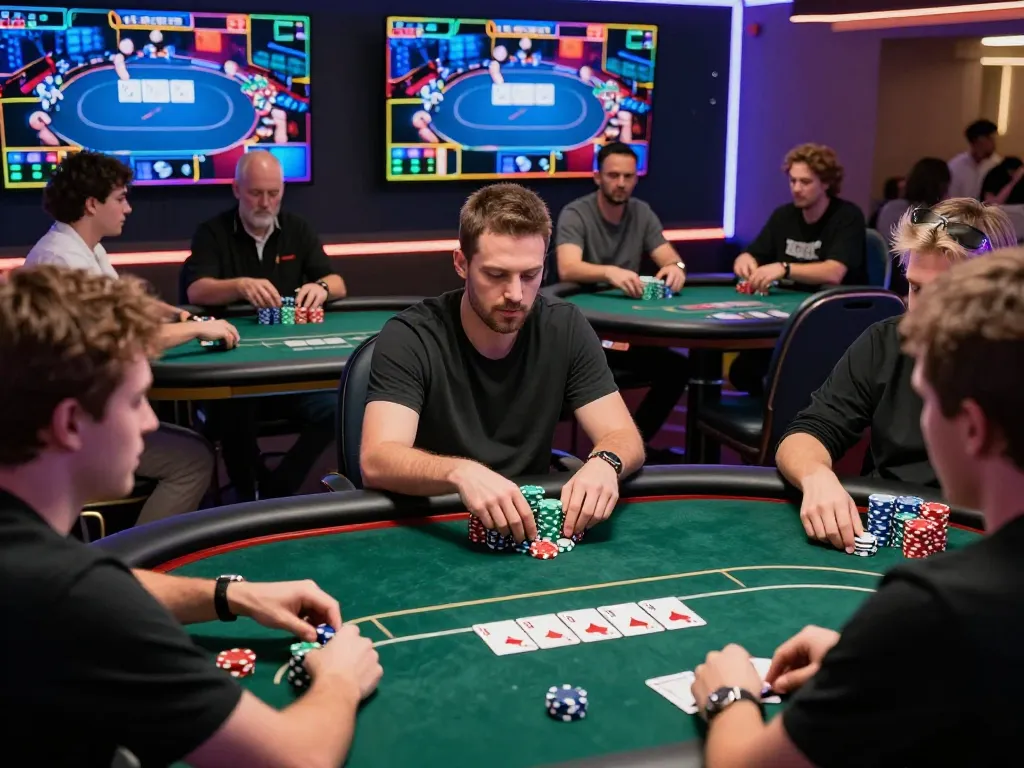 Players engage in an online poker tournament showcasing strategies and excitement, 888VI gaming.