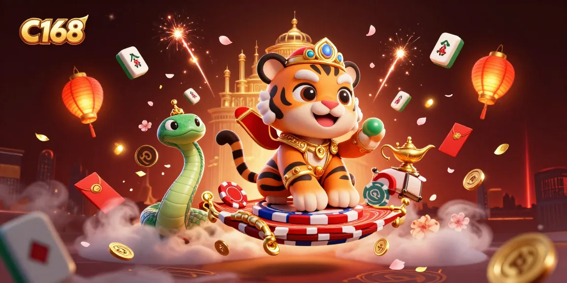C168 brings excitement with a cartoon sultan on poker chips amidst vibrant casino elements.