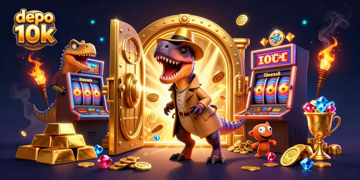 Experience the thrill of depo 10k slots as playful dinosaurs engage in a colorful gaming scene.