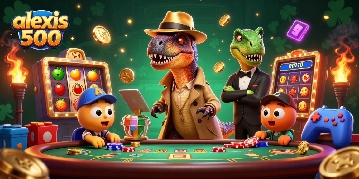 Engage with alexis 500 at a vibrant casino scene featuring animated characters and slot games.