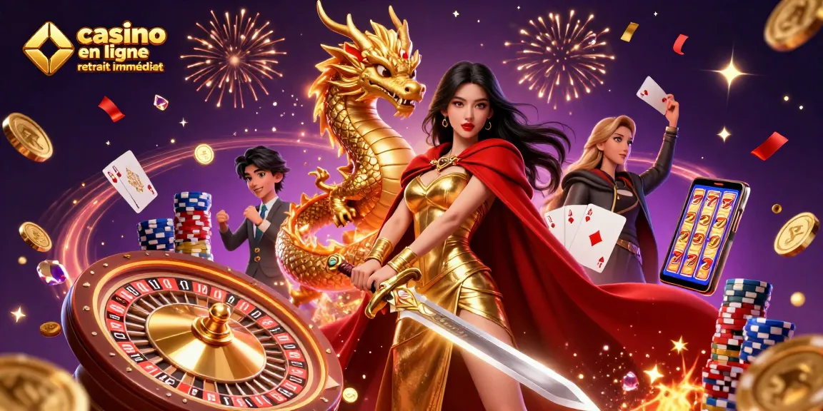 Vivez l'excitation de gagner au casino en ligne retrait immédiat avec une illustration époustouflante de reine guerrière et de dragon doré.