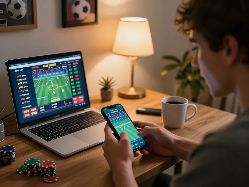 uu88 betting on a smartphone in a cozy home office setting, emphasizing excitement in online gambling.