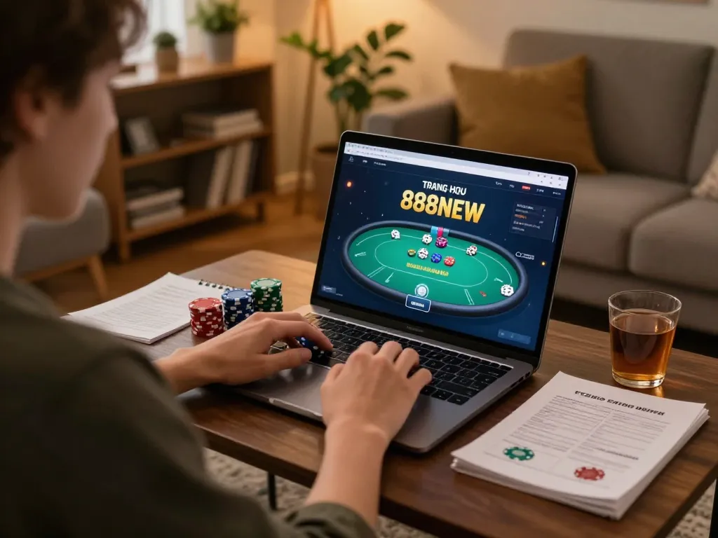 Engaging gameplay on the Trang chủ 888NEW online casino platform, showcasing poker interaction and a cozy home setting.