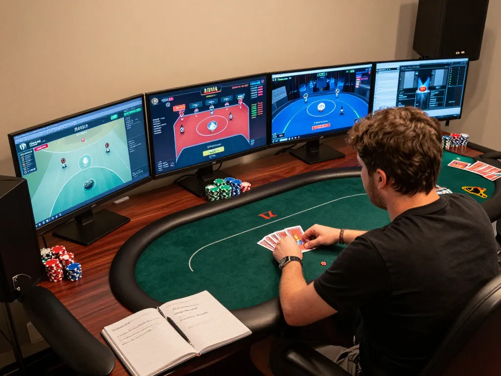 Player managing online poker games on multiple screens, engaging with SUNWIN while ensuring strategic bankroll management.