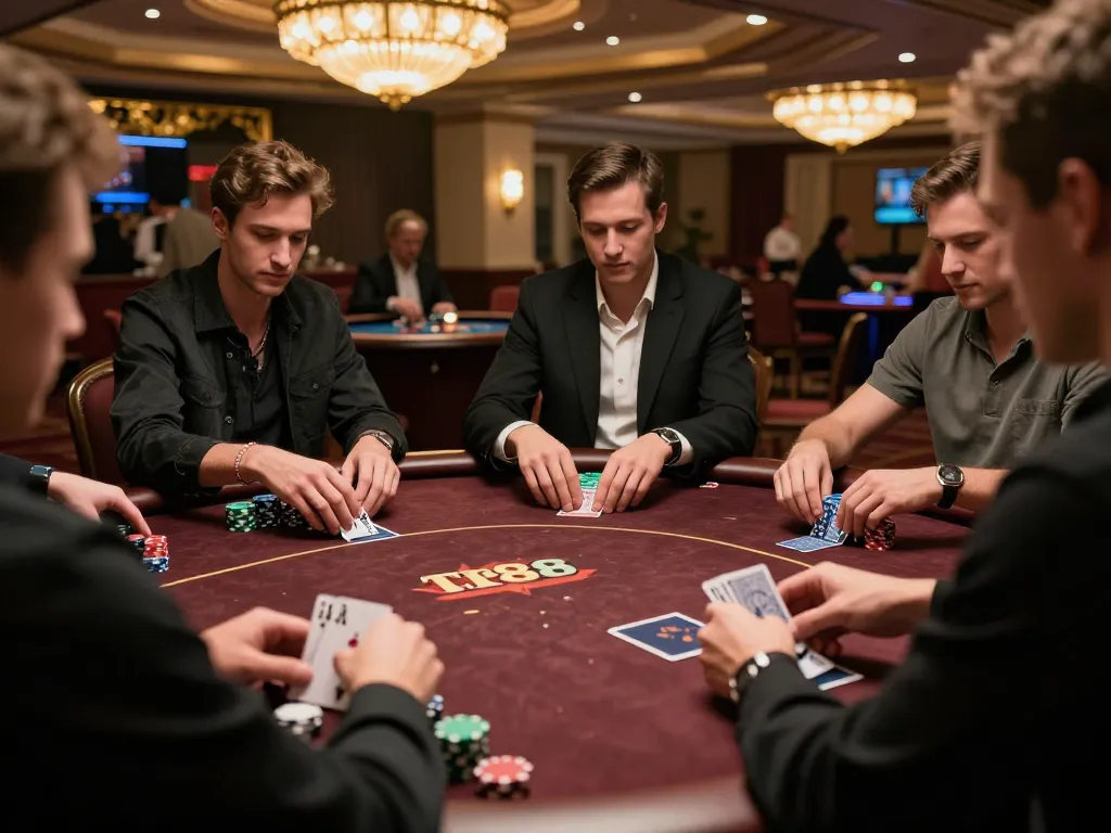Engaged players in a poker game highlight strategic gameplay at Tr88 game.