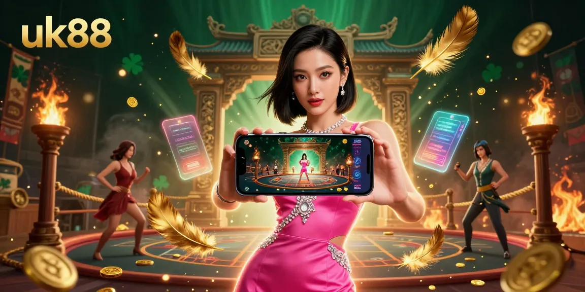 Experience the excitement of casino gaming with uk88 in this vibrant illustration showcasing live dealer action and unique elements.