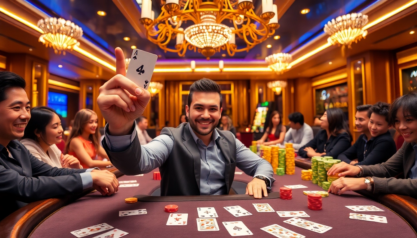 Players enjoy a thrilling poker game at bem88, showcasing excitement and luxury in a casino setting.