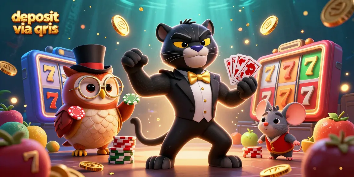 Experience thrilling wins with deposit via qris in this vibrant casino illustration featuring dynamic characters and slot elements.