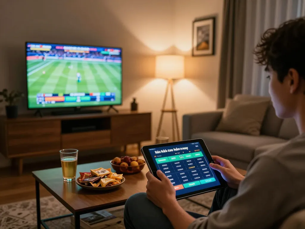 Engaged in online gaming, checking kèo nhà cái hôm nay on tablet in a cozy living room.