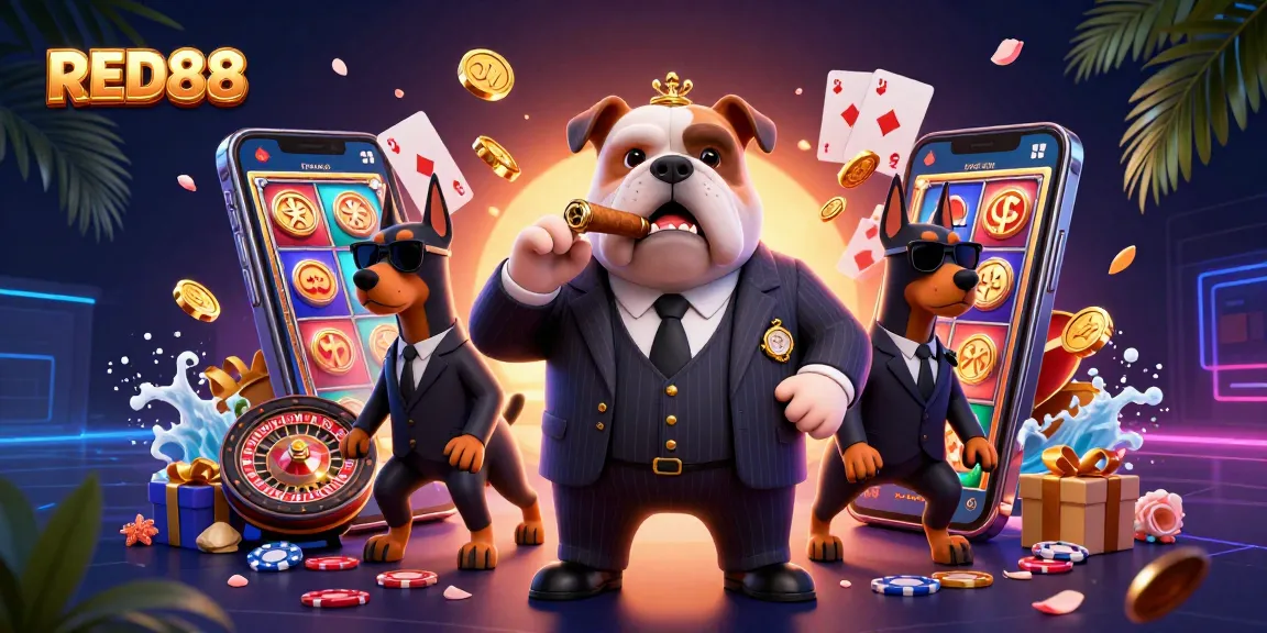 Experience high-stakes gaming with RED88, featuring a mafia bulldog in a vibrant casino scene.