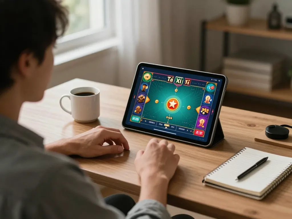 Engaged in app tài xỉu online uy tín gameplay on tablet with strategy notes visible.