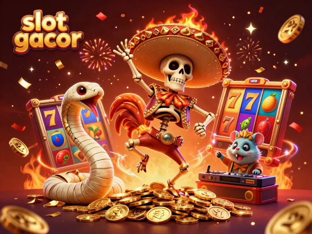 Experience the vibrant scene of a slot gacor celebration with lively characters dancing amidst slot reels and golden coins.