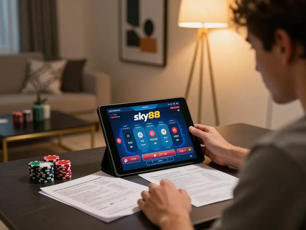 Player engages with sky88 poker app while managing their bankroll during a cozy online gaming session