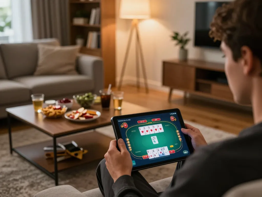 Person enjoying ดูหนังออนไลน์ while playing poker on a tablet in a cozy living room setting.