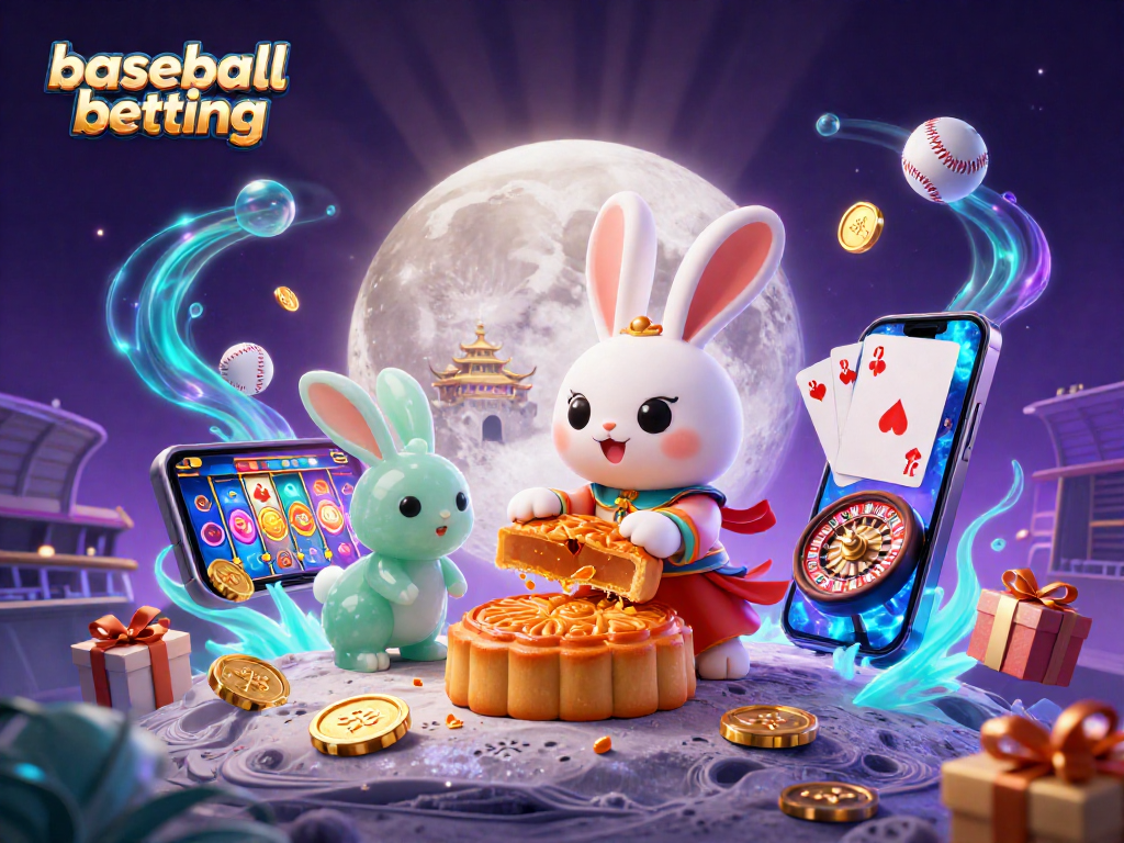 Engage in baseball betting with this dynamic scene featuring a moon rabbit and game elements.