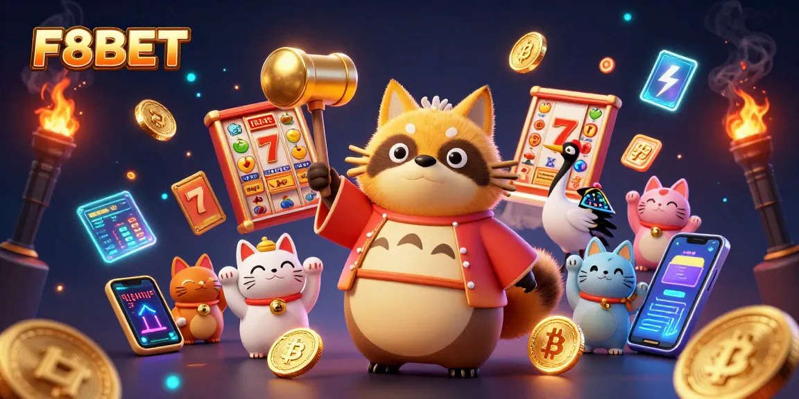 Experience exciting slot games at F8BET with cheerful characters and vibrant casino elements, promoting winning fun.