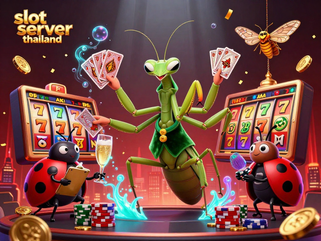 Experience the thrill of slot server thailand with a vibrant 3D depiction of a praying mantis dealer, ladybug pit boss, and lively gaming elements.