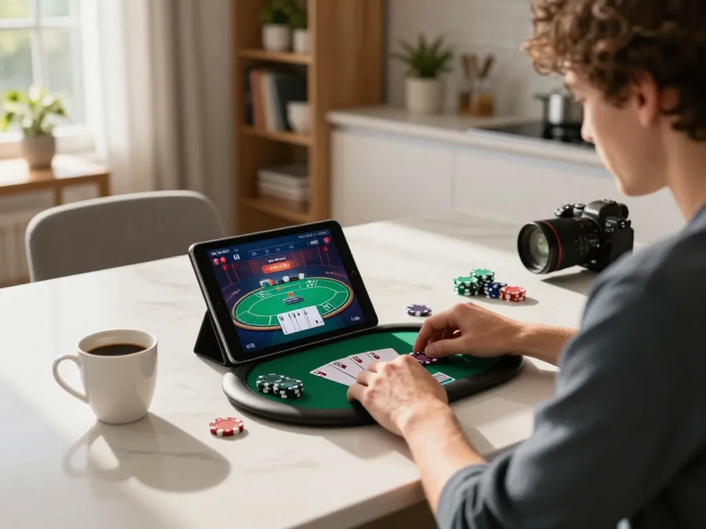 Engaging gameplay on Canada online casinos with a player using a tablet in a bright kitchen.