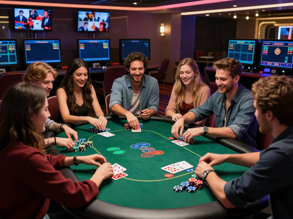 A vibrant gathering around a poker table at an online casino featuring akunjp.