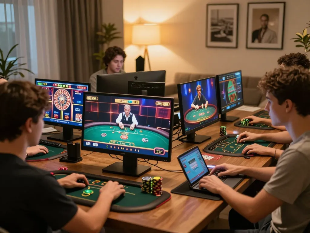 Players enjoying online casino games at CM88 in a modern home setting, showcasing interaction and strategy.