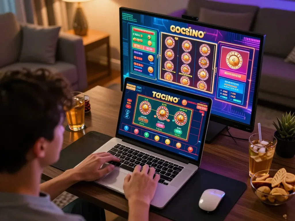 Engaged player immerses in go8 online gaming experience on a laptop.