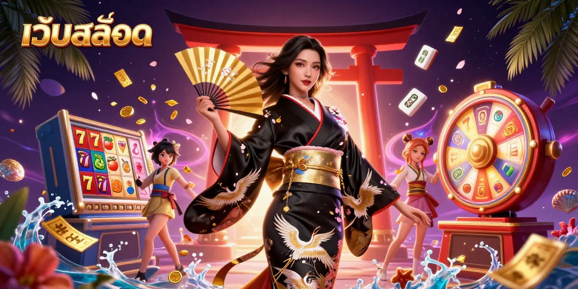 Experience vibrant เว็บสล็อต action with an elegant Asian woman amidst dynamic casino symbols and enchanting colors.