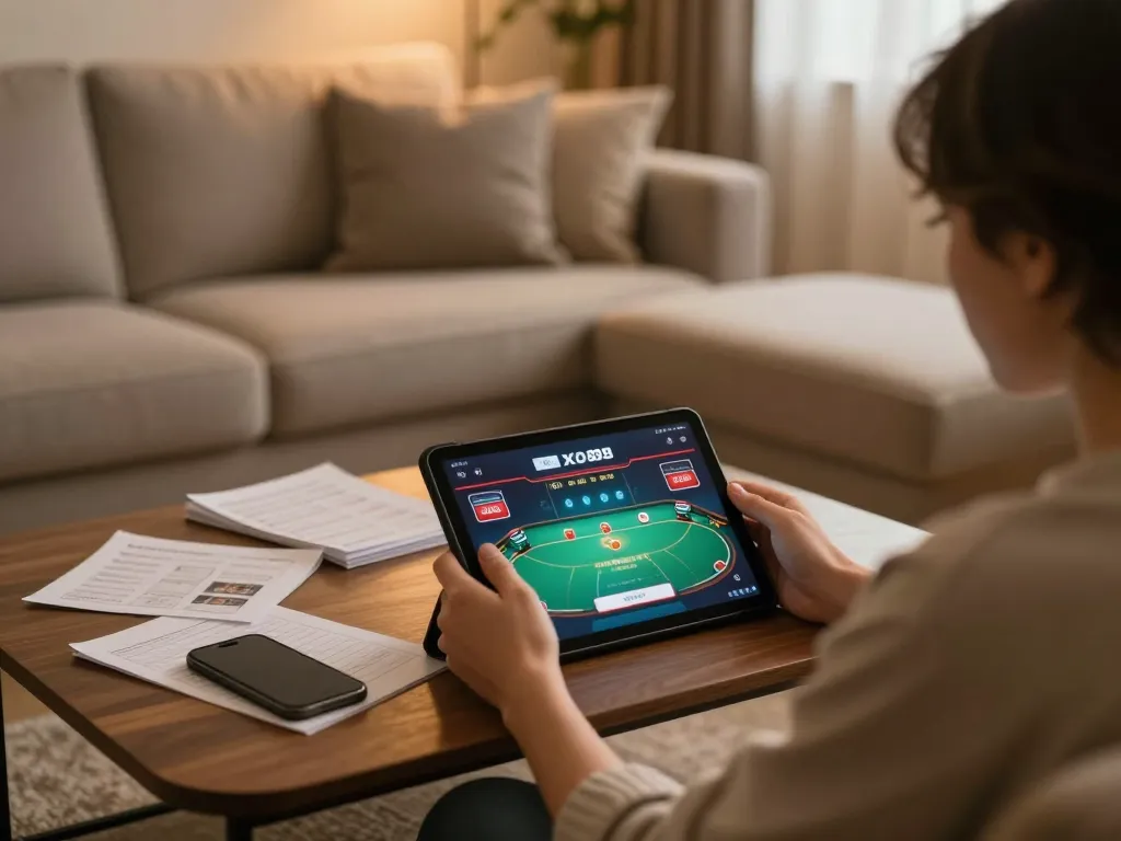 Enjoying online gaming at home with xo88 on a tablet, showcasing a poker game interface.