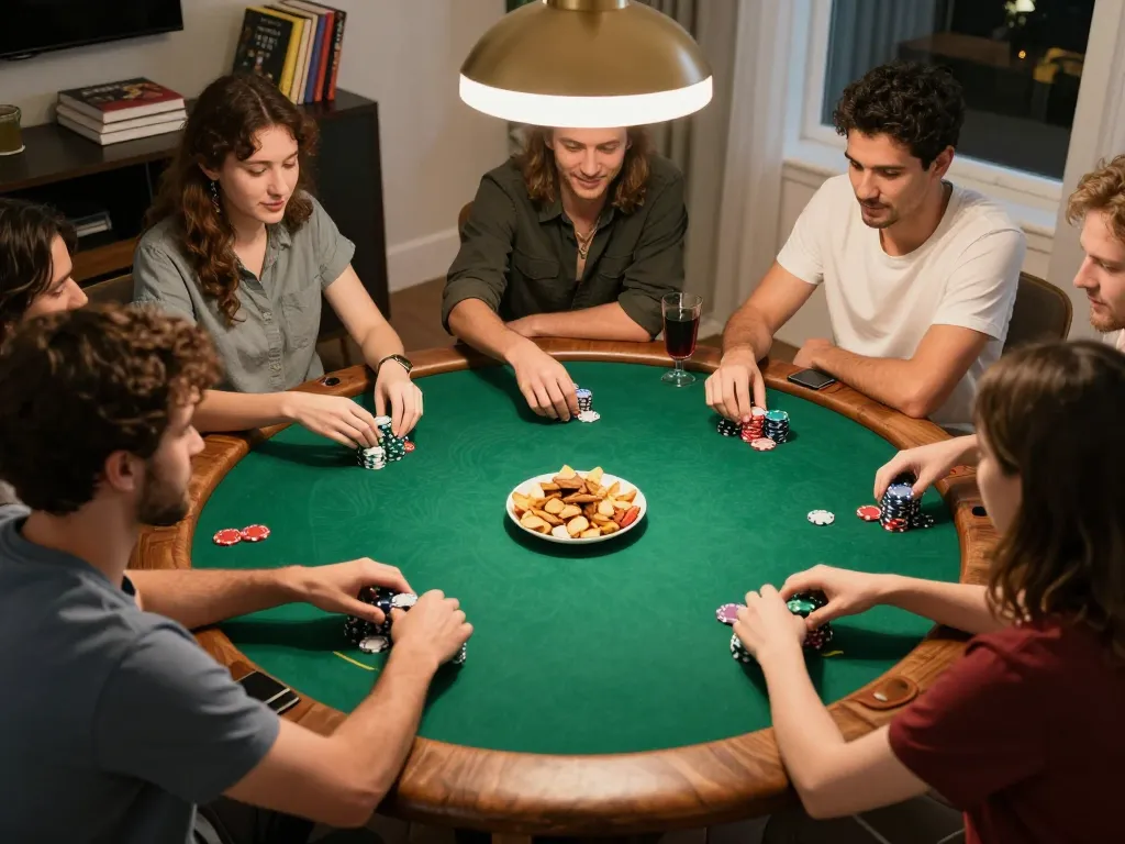 Leci123a players enjoying a friendly home poker night with vibrant chips and strategic gameplay.