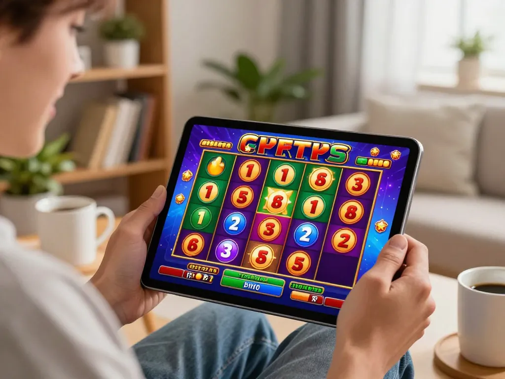 32win player celebrating a win while enjoying thrilling slot games on a tablet in a cozy setting