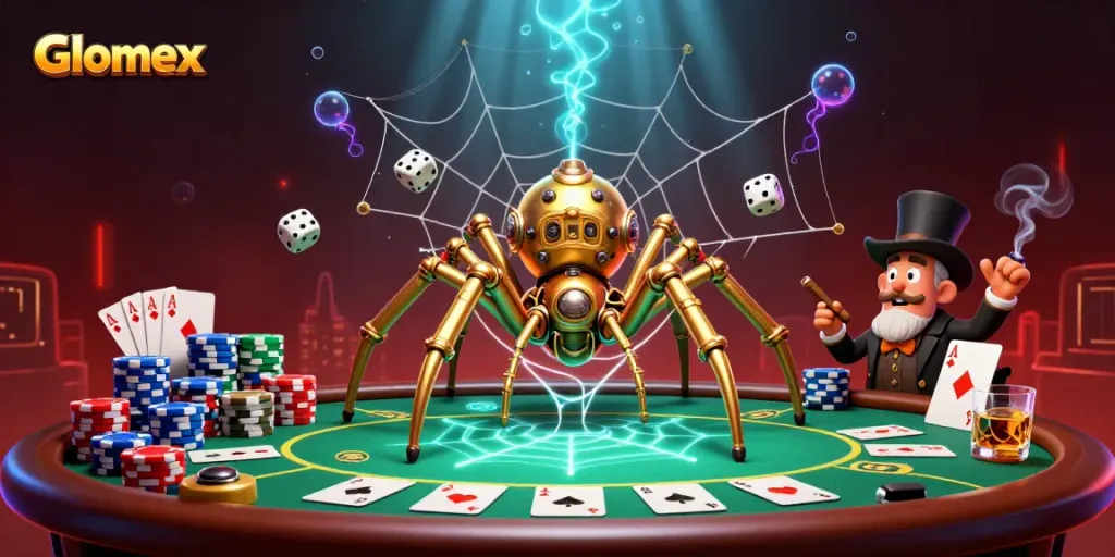 Experience Glomex's thrilling casino world with a steampunk spider and poker elements.
