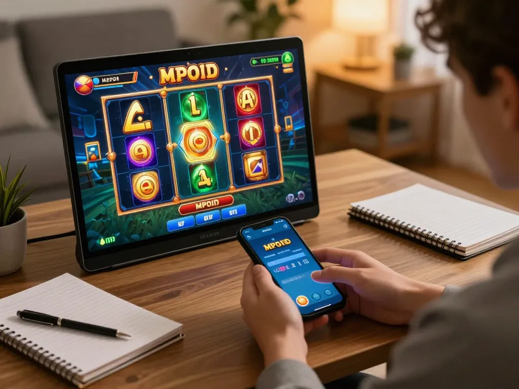 Player spinning reels on MPOID online slots in cozy living room setup.