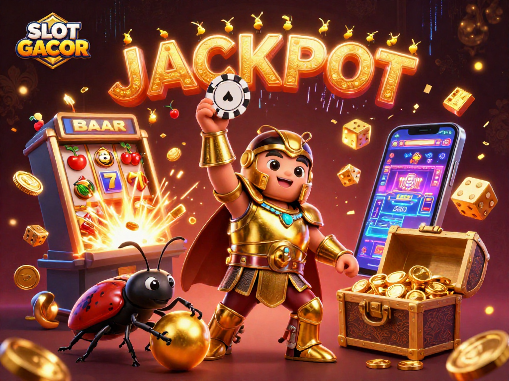 SLOT GACOR features an epic 3D beetle battle in a slot machine world, showcasing vibrant casino elements.