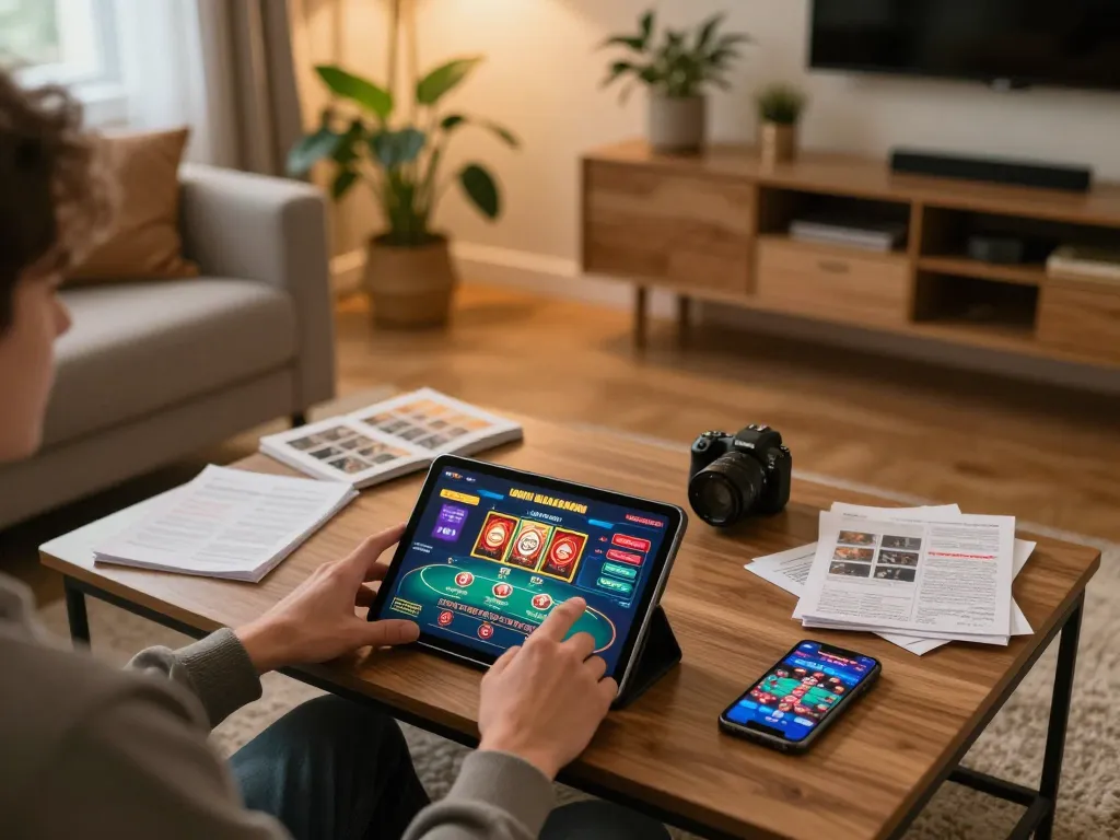 Engaging with kuwinfi online casino games in a cozy home setting.