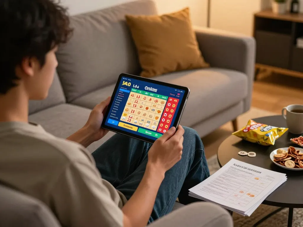 Lô đề online player engaging in tablet gaming with strategic notes and snacks