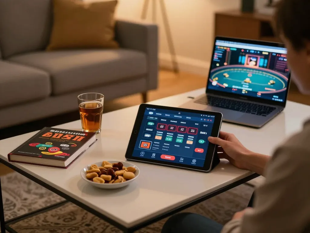 Engaging with the aa88i casino app in a cozy gaming setup, showcasing strategic gameplay
